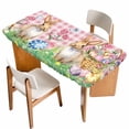 thumbnail image 1 of Happy Easter Table Cloths for 5 Foot Rectangle Tables, Spring Easter Eggs Bunny Floral Pink Plaid Patio Waterproof Elastic Fitted Tablecloths, Washable Rectangular Table Cover for Camping, 1 of 8