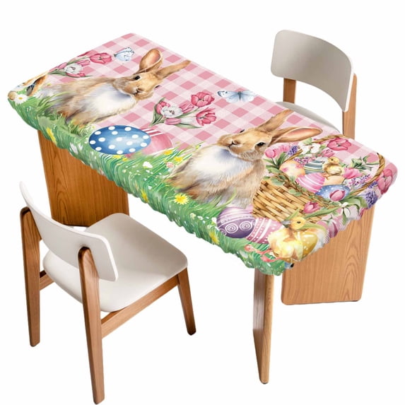 Happy Easter Table Cloths for 5 Foot Rectangle Tables, Spring Easter Eggs Bunny Floral Pink Plaid Patio Waterproof Elastic Fitted Tablecloths, Washable Rectangular Table Cover for Camping