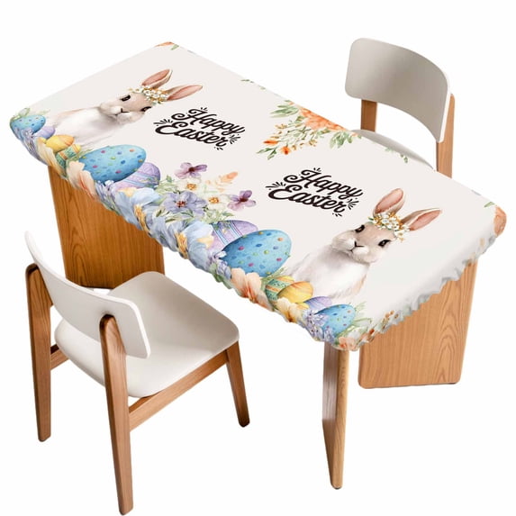 Happy Easter Table Cloths for 5 Foot Rectangle Tables, Spring Watercolor Bunny Eggs Flowers Patio Waterproof Elastic Fitted Tablecloths, Washable Rectangular Table Cover for Camping