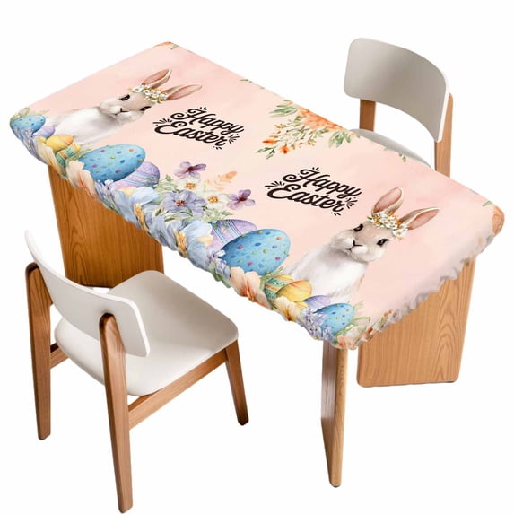 Happy Easter Table Cloths for 5 Foot Rectangle Tables, Spring Watercolor Bunny Eggs Flowers Pink Patio Waterproof Elastic Fitted Tablecloths, Washable Rectangular Table Cover for Camping