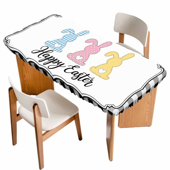 Happy Easter Table Cloths for 5 Foot Rectangle Tables, Spring Watercolor Rabbits Black White Plaid Patio Waterproof Elastic Fitted Tablecloths, Washable Rectangular Table Cover for Camping