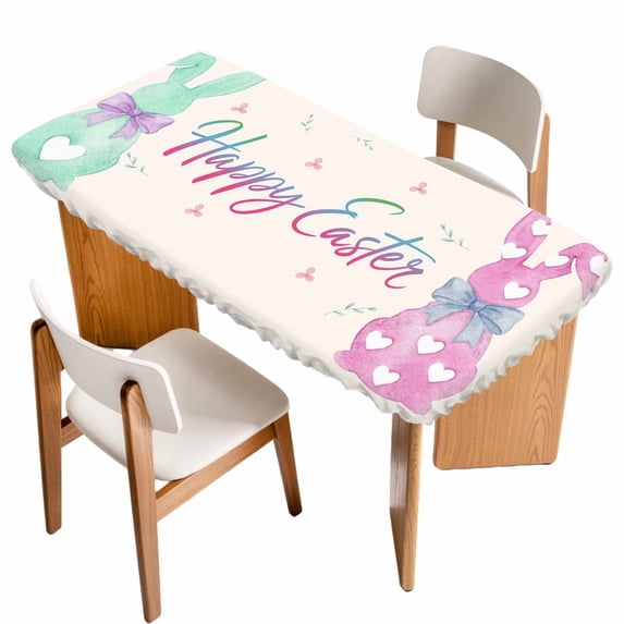 Happy Easter Table Cloths for 6 Foot Rectangle Tables, Colorful Bunny Love Heart Rabbits Retro Pink Patio Waterproof Elastic Fitted Tablecloths, Washable Rectangular Table Cover for Camping