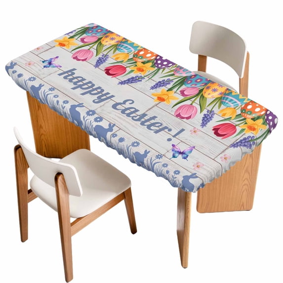 Happy Easter Table Cloths for 6 Foot Rectangle Tables, Colorful Eggs Spring Tulips Flowers Farm Wooden Patio Waterproof Elastic Fitted Tablecloths, Washable Rectangular Table Cover for Camping