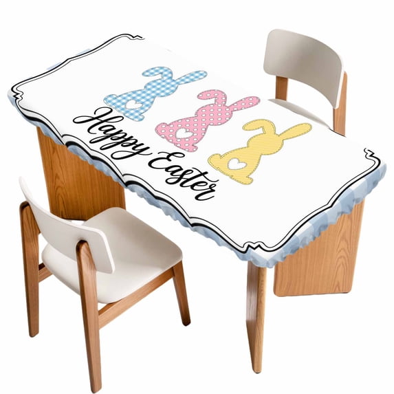 Happy Easter Table Cloths for 6 Foot Rectangle Tables, Colorful Rabbits Cartoon Blue Plaid Patio Waterproof Elastic Fitted Tablecloths, Washable Rectangular Table Cover for Camping