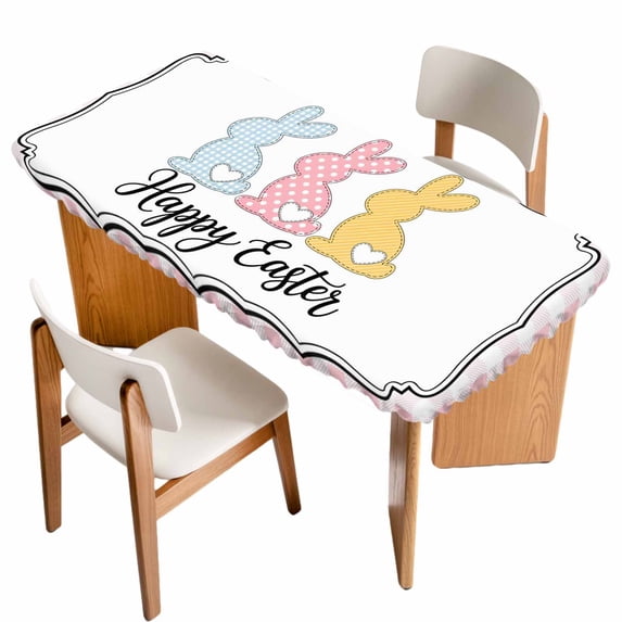 Happy Easter Table Cloths for 6 Foot Rectangle Tables, Cute Lovely Colorful Rabbits Silhouette Pink Checkered Patio Waterproof Elastic Fitted Tablecloths, Washable Rectangular Table Cover for Camping