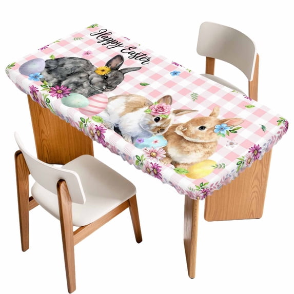 Happy Easter Table Cloths for 6 Foot Rectangle Tables, Cute Rabbits Daisy Flowers Leaves Eggs Pink Plaid Patio Waterproof Elastic Fitted Tablecloths, Washable Rectangular Table Cover for Camping