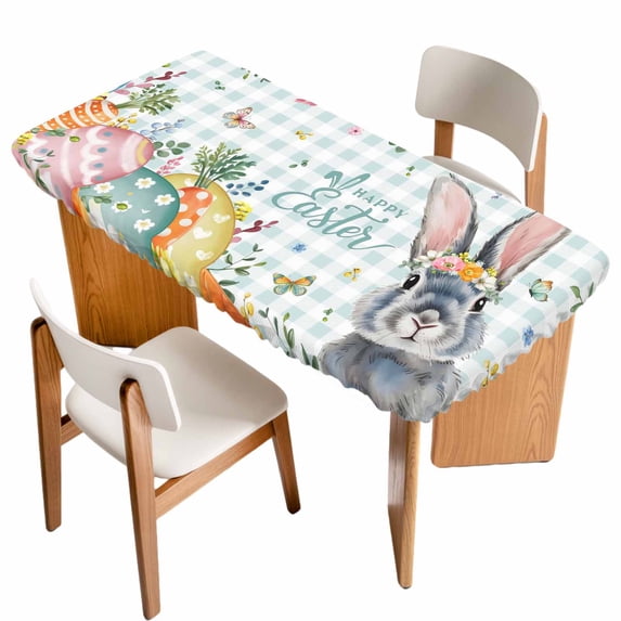 Happy Easter Table Cloths for 6 Foot Rectangle Tables, Spring Bunny Easter Eggs Floral Teal Plaid Patio Waterproof Elastic Fitted Tablecloths, Washable Rectangular Table Cover for Camping