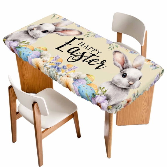 Happy Easter Table Cloths for 6 Foot Rectangle Tables, Spring Grey Bunny Colorful Eggs Flower Brown Patio Waterproof Elastic Fitted Tablecloths, Washable Rectangular Table Cover for Camping
