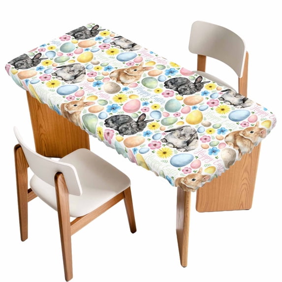 Happy Easter Table Cloths for 6 Foot Rectangle Tables, Spring Watercolor Rabbits Eggs Flower Patio Waterproof Elastic Fitted Tablecloths, Washable Rectangular Table Cover for Camping