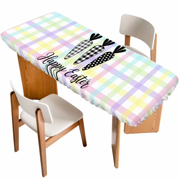 Happy Easter Table Cloths for 8 Foot Rectangle Tables, Black and White Carrots Colorful Plaid Patio Waterproof Elastic Fitted Tablecloths, Washable Rectangular Table Cover for Camping