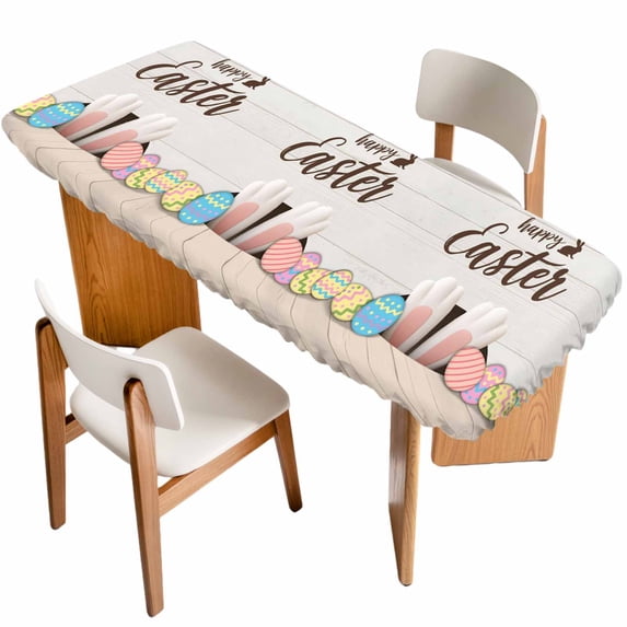 Happy Easter Table Cloths for 8 Foot Rectangle Tables, Colorful Spring Eggs Beige Wooden Patio Waterproof Elastic Fitted Tablecloths, Washable Rectangular Table Cover for Camping