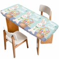 thumbnail image 1 of Happy Easter Table Cloths for 8 Foot Rectangle Tables, Cute Bunny Colorful Eggs Spring Flowers Blue Purple Patio Waterproof Elastic Fitted Tablecloths, Washable Rectangular Table Cover for Camping, 1 of 8