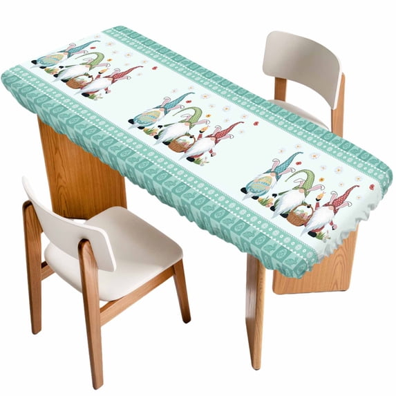 Happy Easter Table Cloths for 8 Foot Rectangle Tables, Cute Gnomes Eggs Green Bunny Flowers Border Patio Waterproof Elastic Fitted Tablecloths, Washable Rectangular Table Cover for Camping