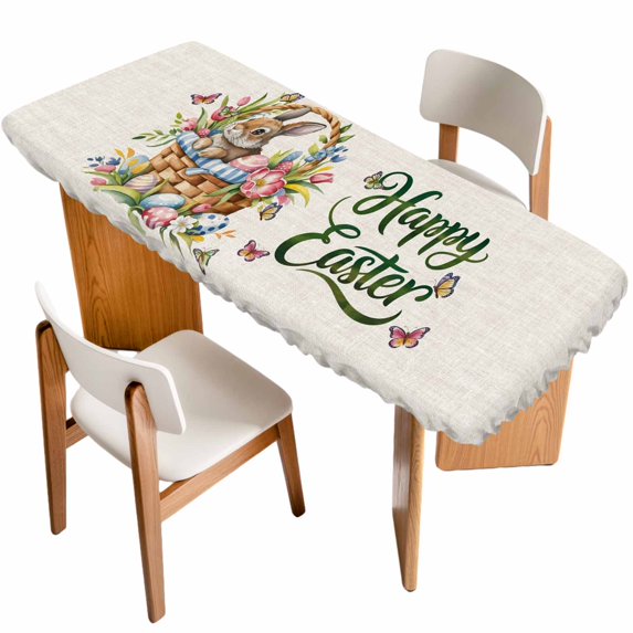 Happy Easter Table Cloths for 8 Foot Rectangle Tables, Cute Rabbits Flowers Eggs Butterflies Beige Patio Waterproof Elastic Fitted Tablecloths, Washable Rectangular Table Cover for Camping