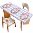 thumbnail image 1 of Happy Easter Table Cloths for 8 Foot Rectangle Tables, Rabbits Bows Spring Tulips Eggs Purple Plaid Patio Waterproof Elastic Fitted Tablecloths, Washable Rectangular Table Cover for Camping, 1 of 8