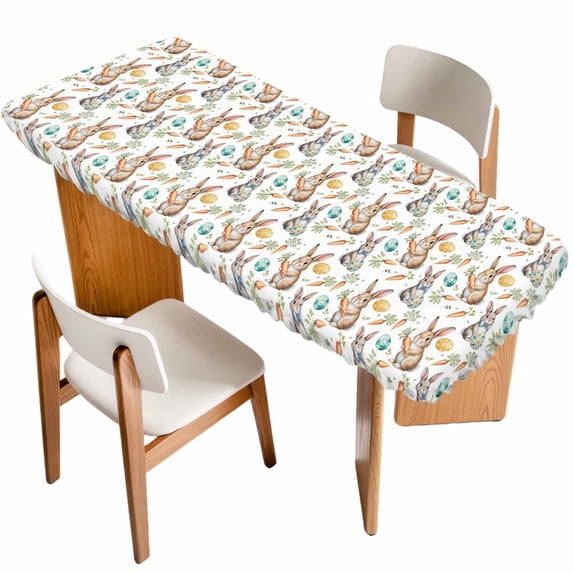 Happy Easter Table Cloths for 8 Foot Rectangle Tables, Spring Bunny Colorful Eggs Carrots Leaves Patio Waterproof Elastic Fitted Tablecloths, Washable Rectangular Table Cover for Camping
