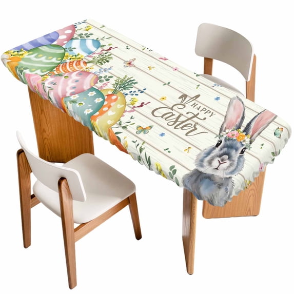 Happy Easter Table Cloths for 8 Foot Rectangle Tables, Spring Bunny Easter Eggs Floral Beige Wood Patio Waterproof Elastic Fitted Tablecloths, Washable Rectangular Table Cover for Camping