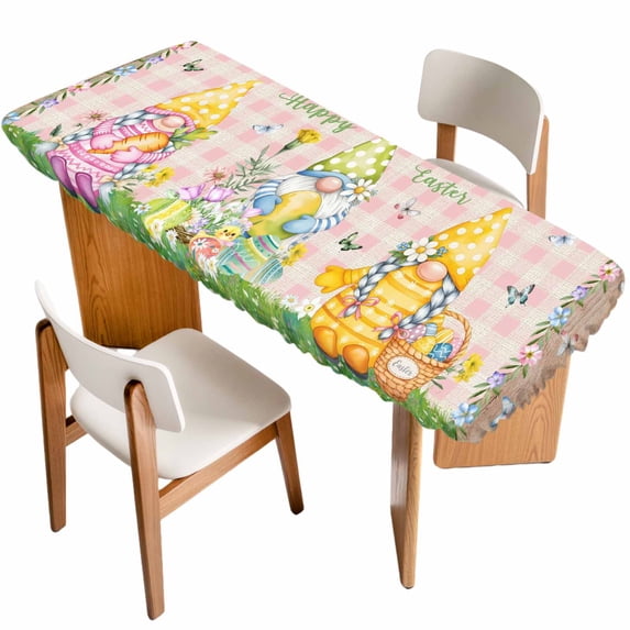 Happy Easter Table Cloths for 8 Foot Rectangle Tables, Spring Gnomes Duck Floral Eggs Pink Plaid Patio Waterproof Elastic Fitted Tablecloths, Washable Rectangular Table Cover for Camping