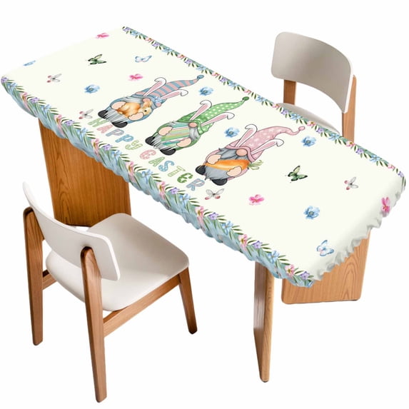 Happy Easter Table Cloths for 8 Foot Rectangle Tables, Spring Gnomes Rabbit Eggs Floral Lattice Patio Waterproof Elastic Fitted Tablecloths, Washable Rectangular Table Cover for Camping