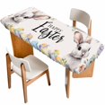 thumbnail image 1 of Happy Easter Table Cloths for 8 Foot Rectangle Tables, Spring Grey Bunny Colorful Eggs Flower Beige Patio Waterproof Elastic Fitted Tablecloths, Washable Rectangular Table Cover for Camping, 1 of 8