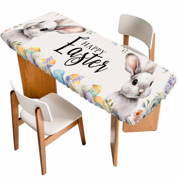 Happy Easter Table Cloths for 8 Foot Rectangle Tables, Spring Grey Bunny Colorful Eggs Flower Beige Patio Waterproof Elastic Fitted Tablecloths, Washable Rectangular Table Cover for Camping