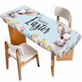 thumbnail image 1 of Happy Easter Table Cloths for 8 Foot Rectangle Tables, Spring Grey Bunny Colorful Eggs Flower Blue Patio Waterproof Elastic Fitted Tablecloths, Washable Rectangular Table Cover for Camping, 1 of 8