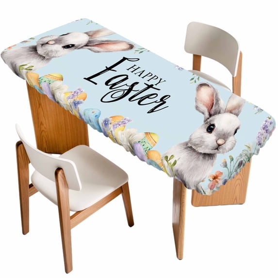 Happy Easter Table Cloths for 8 Foot Rectangle Tables, Spring Grey Bunny Colorful Eggs Flower Blue Patio Waterproof Elastic Fitted Tablecloths, Washable Rectangular Table Cover for Camping