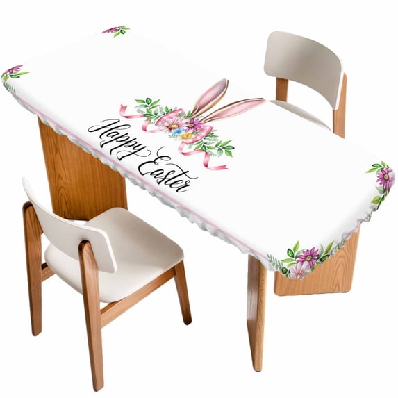 Happy Easter Table Cloths for 8 Foot Rectangle Tables, Spring Watercolor Bunny Flower Leaf Plant Patio Waterproof Elastic Fitted Tablecloths, Washable Rectangular Table Cover for Camping