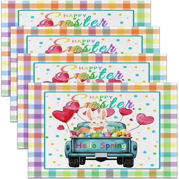 Happy Easter Table Mats Placemat 12"x18" Cute Rabbit Placemats Set of 4 Easter Truck Placemats for Dining Table Indoor Outdoor Kitchen Colorful Spring Decor Table Place Mats