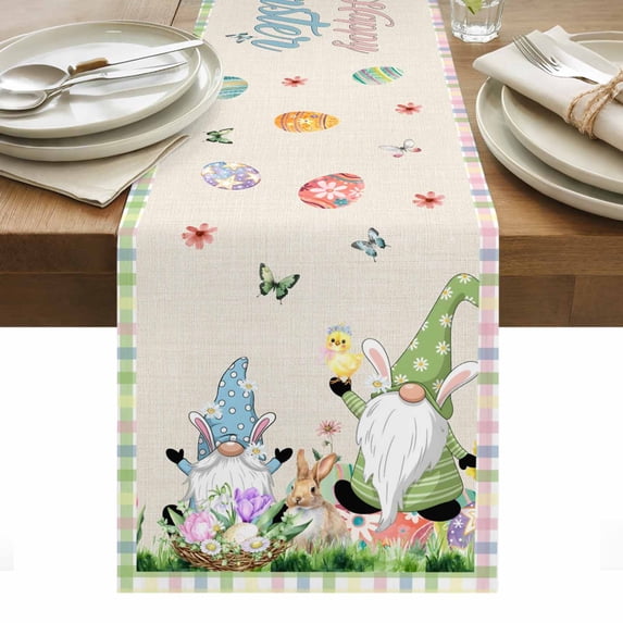 Happy Easter Table Runner - 120 Inch Long, Kitchen Dining Table Runner Dresser Scarves, Green Blue Gnomes Bunny Flowers Striped Farmhouse Decor for Coffee Tables Wedding Party Banquet