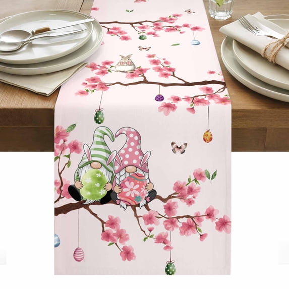 Happy Easter Table Runner - 120 Inch Long, Kitchen Dining Table Runner Dresser Scarves, Pink Spring Gnomes Eggs Flower Branch Rabbit Farmhouse Decor for Coffee Tables Wedding Party Banquet