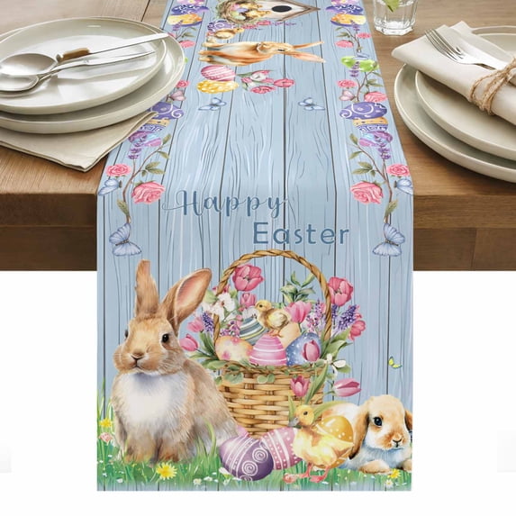 Happy Easter Table Runner - 120 Inch Long, Kitchen Dining Table Runner Dresser Scarves, Spring Easter Eggs Bunny Floral Blue Wood Farmhouse Decor for Coffee Tables Wedding Party Banquet