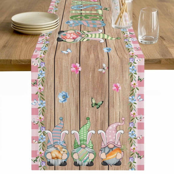 Happy Easter Table Runner 120 Inches Long Farmhouse Dress Scarves, Gnomes Rabbit Flowers Eggs Brown Wood Grain Dining Tablerunner for Coffee Table/Kitchen Island/Party Décor, 13" x 120"