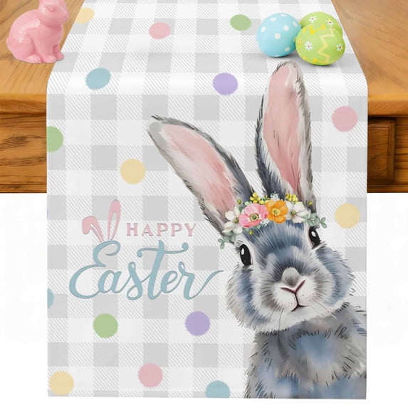 Happy Easter Table Runner 120 Inches Long for Kitchen Dining, Spring Rabbits Polka Dots Gray Plaid Dresser Scarf Farmhouse, Dining Table Decorations for Wedding/Parties, 13 x 120 In
