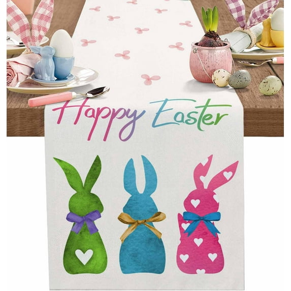 Happy Easter Table Runner 13.8x71 Inches Long Floral Bunny Runner for Table Colorful Rabbit Table Runners Washable Dresser Scarf for Kitchen Coffee Dining Seasonal Spring Holiday Party Decor