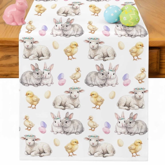 Happy Easter Table Runner 36 Inches Long for Kitchen Dining, Spring Bunny Chickens Lambs Easter Eggs Dresser Scarf Farmhouse, Dining Table Decorations for Wedding/Parties, 13 x 36 In