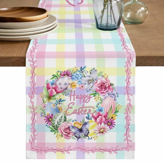 Happy Easter Table Runner 36 Inches, Spring Flower Pastoral Butterfly Colorful Stripes Bed Runner Dresser Scarves Tabletop for Indoor Outdoor Parties/Ceremony/Banquet, 13"x 36"