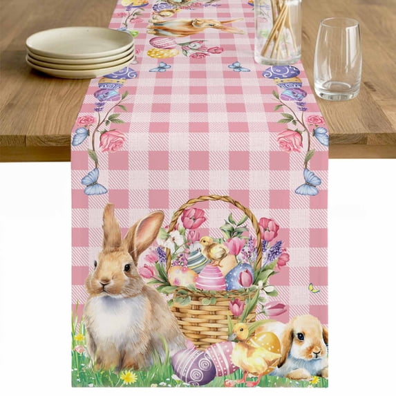 Happy Easter Table Runner 48 Inches Long Farmhouse Dress Scarves, Spring Easter Eggs Bunny Floral Pink Plaid Dining Tablerunner for Coffee Table/Kitchen Island/Party Décor, 13" x 48"