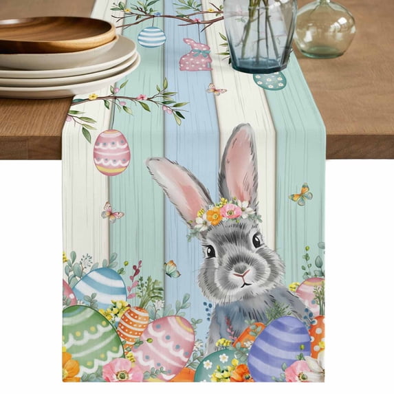 Happy Easter Table Runner 48 Inches, Spring Bunny Colorful Eggs Wooden Grain Bed Runner Dresser Scarves Tabletop for Indoor Outdoor Parties/Ceremony/Banquet, 13" x 48"