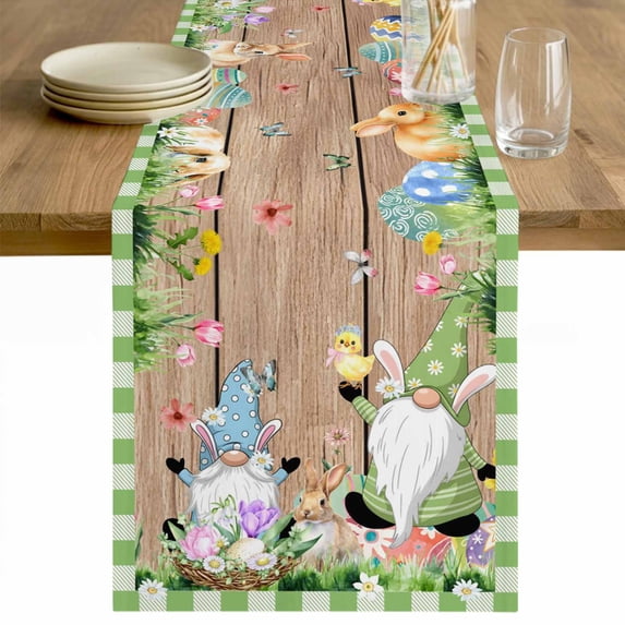 Happy Easter Table Runner - 60 Inch Long Gnomes Rabbit Flowers Green Check Wooden Cotton and Linen Blended Dress Scarves Farmhouse Table Runner for Kitchen Dining, Coffee Table, 13" x 60"