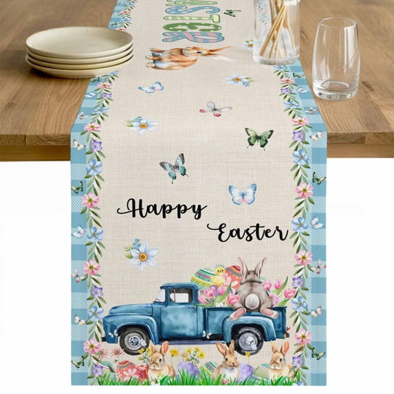 Happy Easter Table Runner - 60 Inch Long Spring Truck Bunny Butterfly Blue Plaid Cotton and Linen Blended Dress Scarves Farmhouse Table Runner for Kitchen Dining, Coffee Table, 13" x 60"