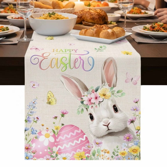 Happy Easter Table Runner 70 Inch Long Dresser Scarves Linen Tablerunners Spring Rustic Easter Bunny Eggs Floral Burlap Dining Kitchen Burlap Table Setting Decor for Party Holiday Coffee, 13"x70"
