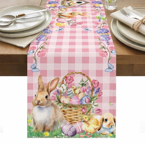 Happy Easter Table Runner - 70 Inch Long, Kitchen Dining Table Runner Dresser Scarves, Spring Easter Eggs Bunny Floral Pink Plaid Farmhouse Decor for Coffee Tables Wedding Party Banquet