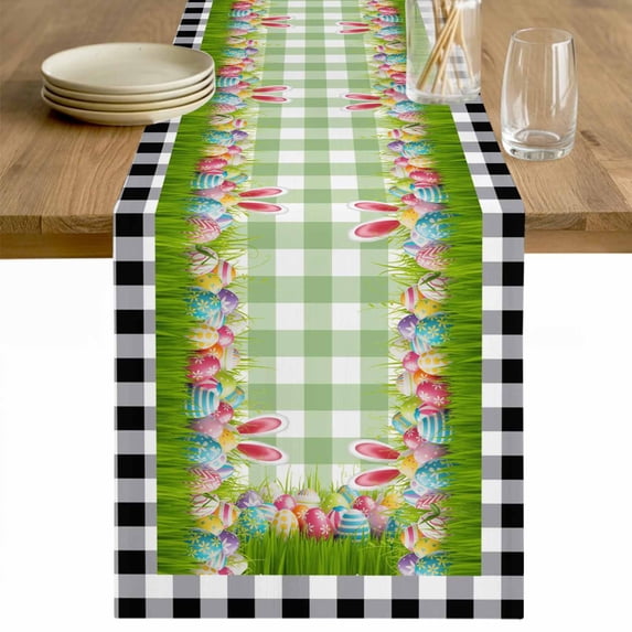 Happy Easter Table Runner 70 Inches Long Farmhouse Dress Scarves, Spring Bunny Ears Eggs Buffalo Checkered Dining Tablerunner for Coffee Table/Kitchen Island/Party Décor, 13" x 70"