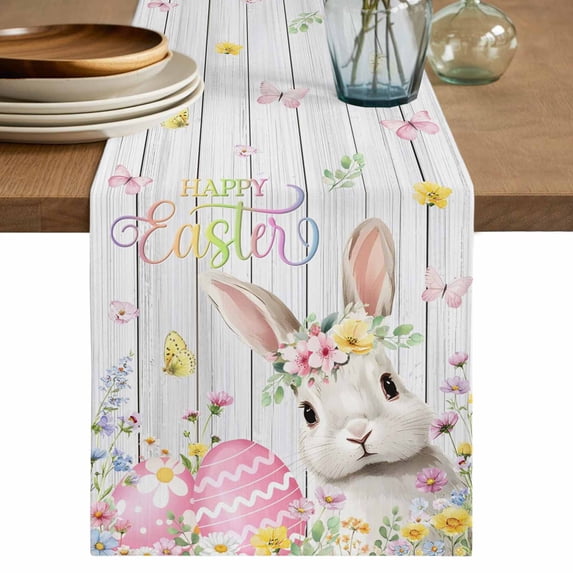 Happy Easter Table Runner 70 Inches, Spring Easter Bunny Eggs Floral Gray Wooden Bed Runner Dresser Scarves Tabletop for Indoor Outdoor Parties/Ceremony/Banquet, 13" x 70"