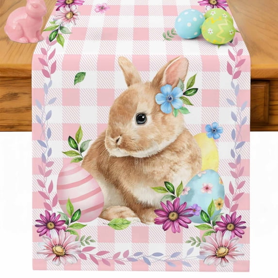 Happy Easter Table Runner 72 Inches Long for Kitchen Dining, Cute Rabbits Daisy Flowers Leaves Eggs Pink Plaid Dresser Scarf Farmhouse, Dining Table Decorations for Wedding/Parties, 13 x 72 In
