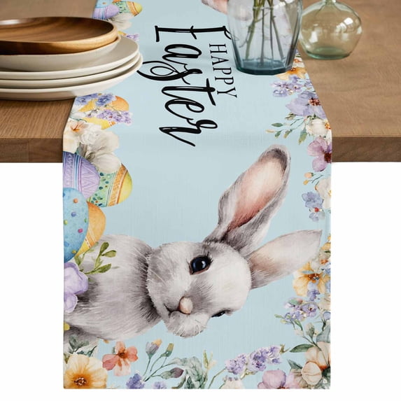 Happy Easter Table Runner 72 Inches, Spring Grey Bunny Colorful Eggs Flower Blue Bed Runner Dresser Scarves Tabletop for Indoor Outdoor Parties/Ceremony/Banquet, 14" x 72"