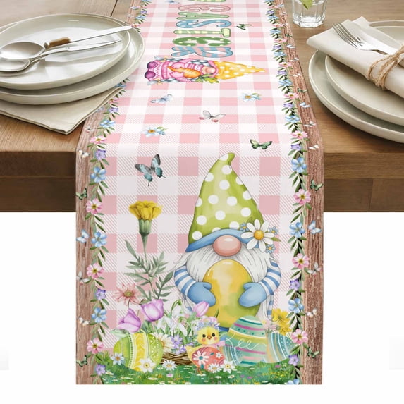 Happy Easter Table Runner - 90 Inch Long, Kitchen Dining Table Runner Dresser Scarves, Spring Gnomes Duck Floral Eggs Pink Plaid Farmhouse Decor for Coffee Tables Wedding Party Banquet