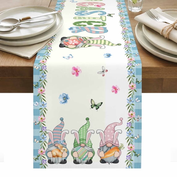 Happy Easter Table Runner - 90 Inch Long, Kitchen Dining Table Runner Dresser Scarves, Spring Gnomes Rabbit Eggs Floral Lattice Farmhouse Decor for Coffee Tables Wedding Party Banquet