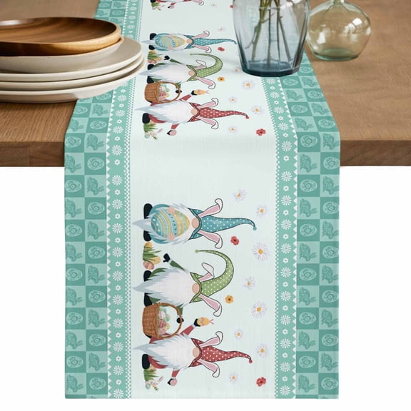 Happy Easter Table Runner 90 Inches, Cute Gnomes Eggs Green Bunny Flowers Border Bed Runner Dresser Scarves Tabletop for Indoor Outdoor Parties/Ceremony/Banquet, 13" x 90"